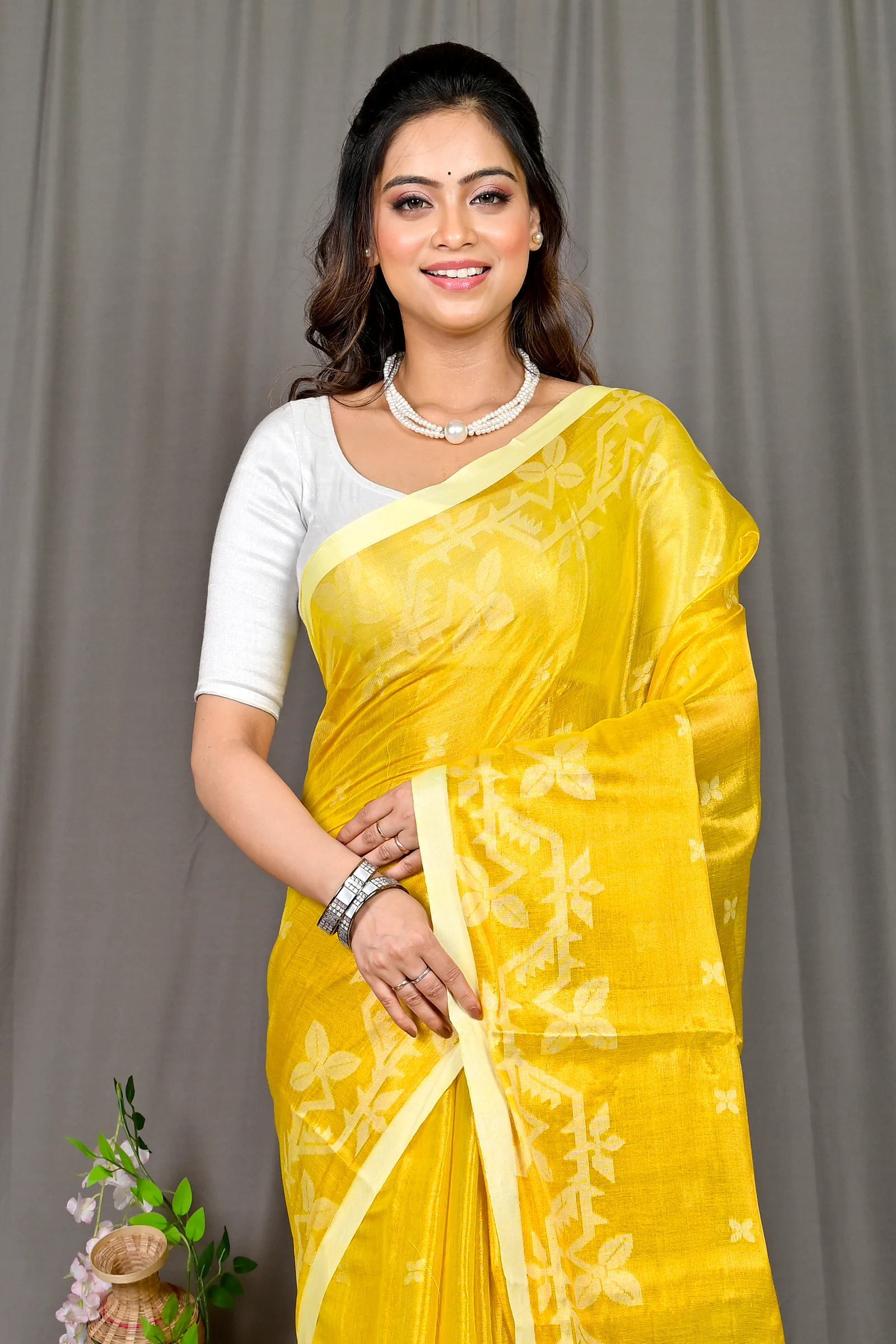 Yellow Cotton Silk Parashar Tissue Jamdani Saree (290)